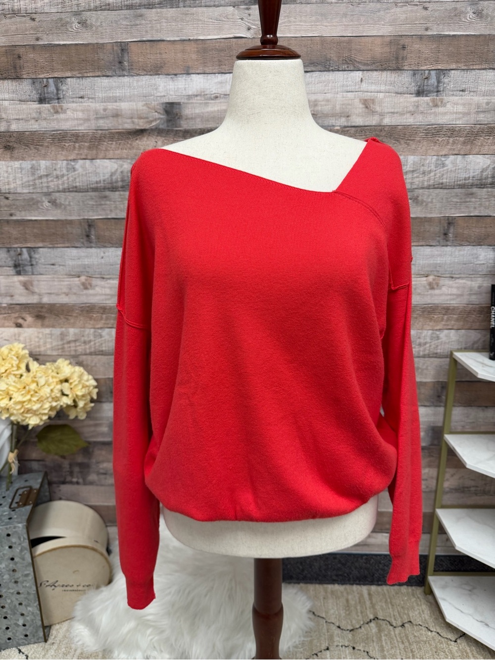 Line and Dot Red Asymmetrical Neckline Knit Top